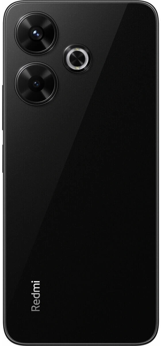 Rückseite eines schwarzen Smartphones mit zwei Kameras und dem Redmi-Logo