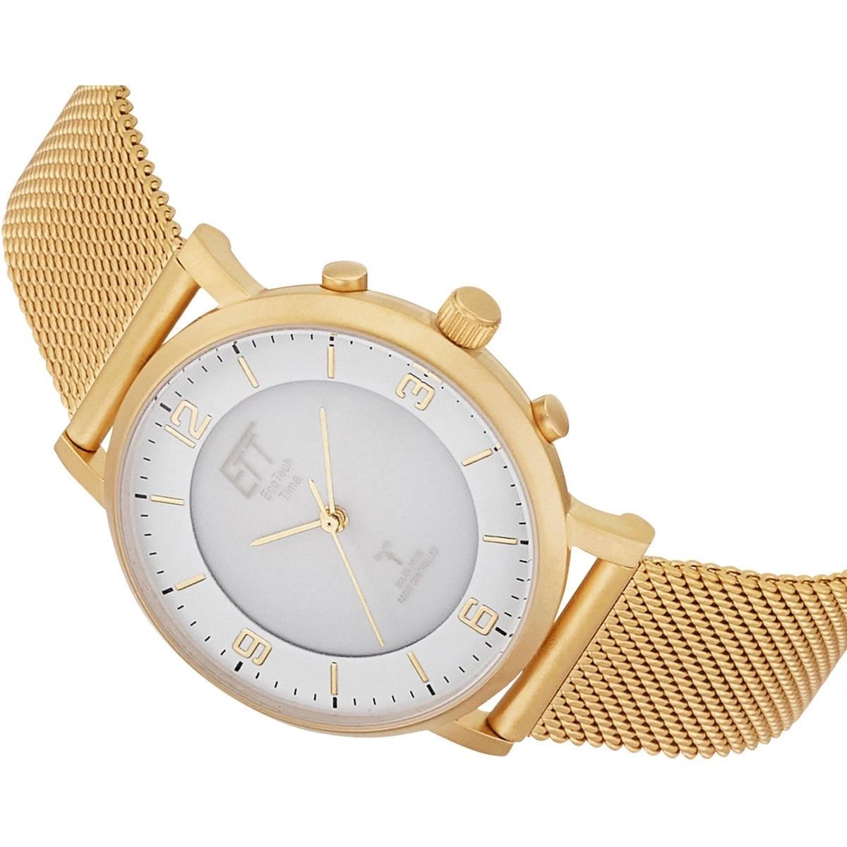Goldene Uhr mit weißem Zifferblatt und Mesh-Armband