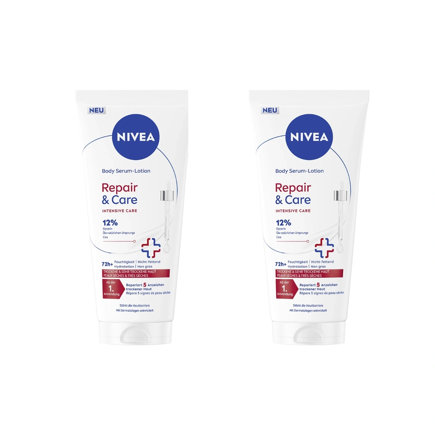 Zwei Tuben Nivea Repair & Care Body Serum-Lotion im Studio.