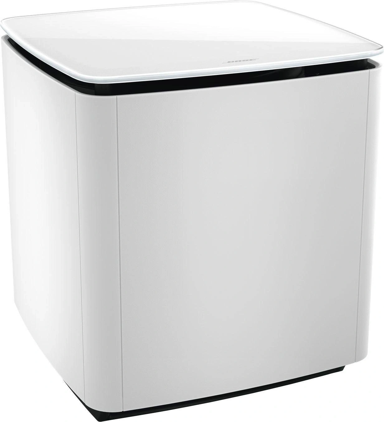 Weißer Bose-Subwoofer mit Glasplatte und schwarzem Sockel, modern