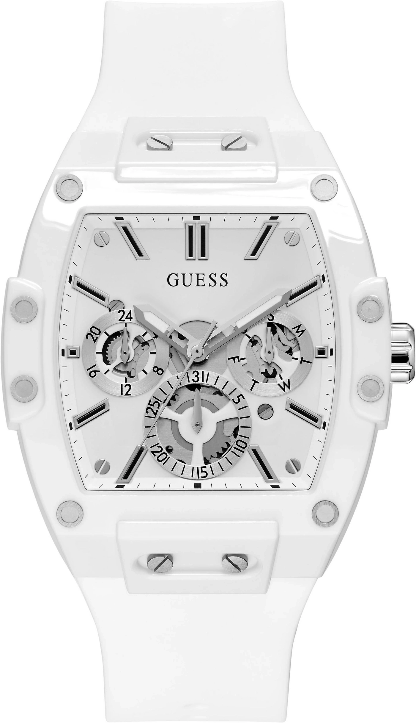 Ein weißes Guess Herrenuhr mit silbernen Details und sichtbarem Uhrwerk.