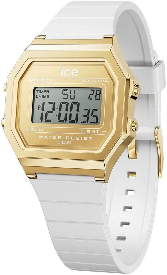 Goldene Digitaluhr mit weißem Armband und silbernem Zifferblatt