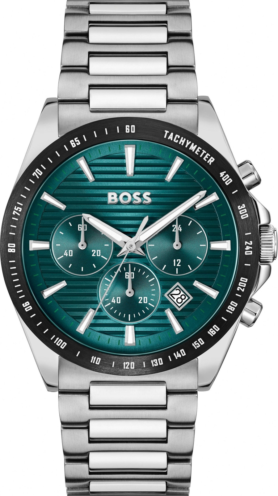 Eine grüne Herrenarmbanduhr mit silbernem Armband und Chronographenfunktion.