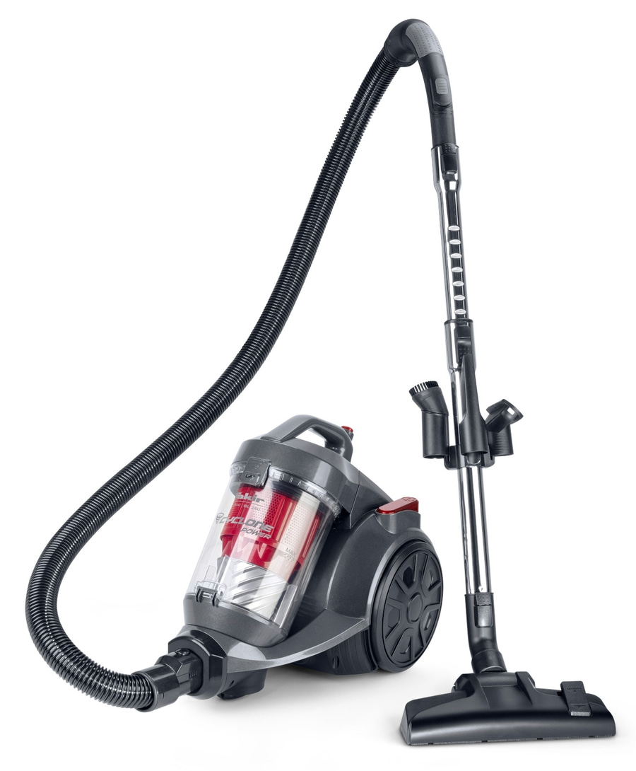 Ein Staubsauger mit Teleskoprohr und Bürstenaufsätzen auf weißem Hintergrund.