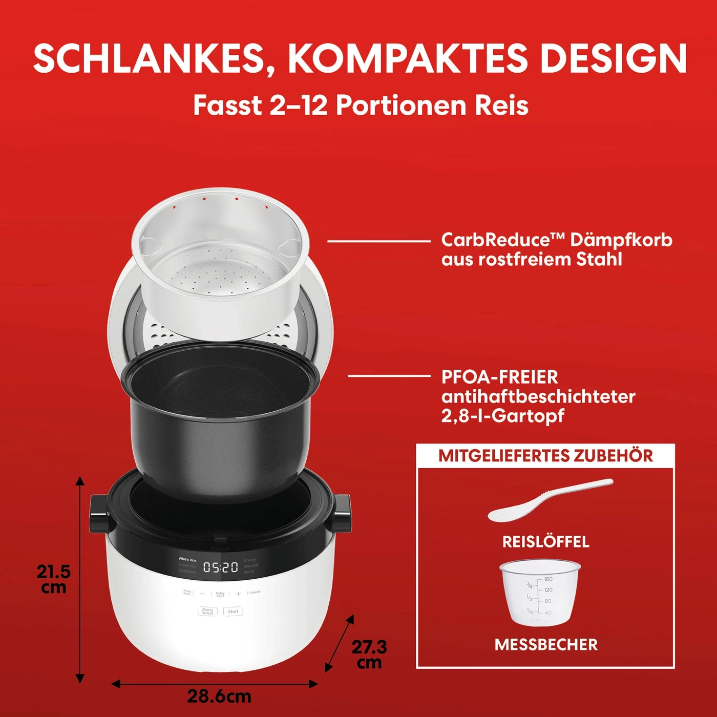 INSTANT POT Reiskocher 6-in-1 Dampfgarer 2,8L Schongaren Sautieren Weiß