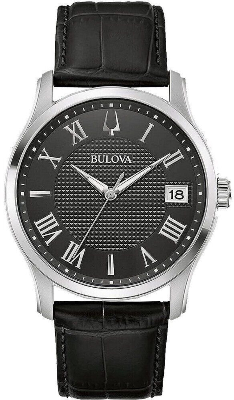 Bulova-Uhr mit römischen Ziffern und schwarzem Lederarmband, elegantes Design.