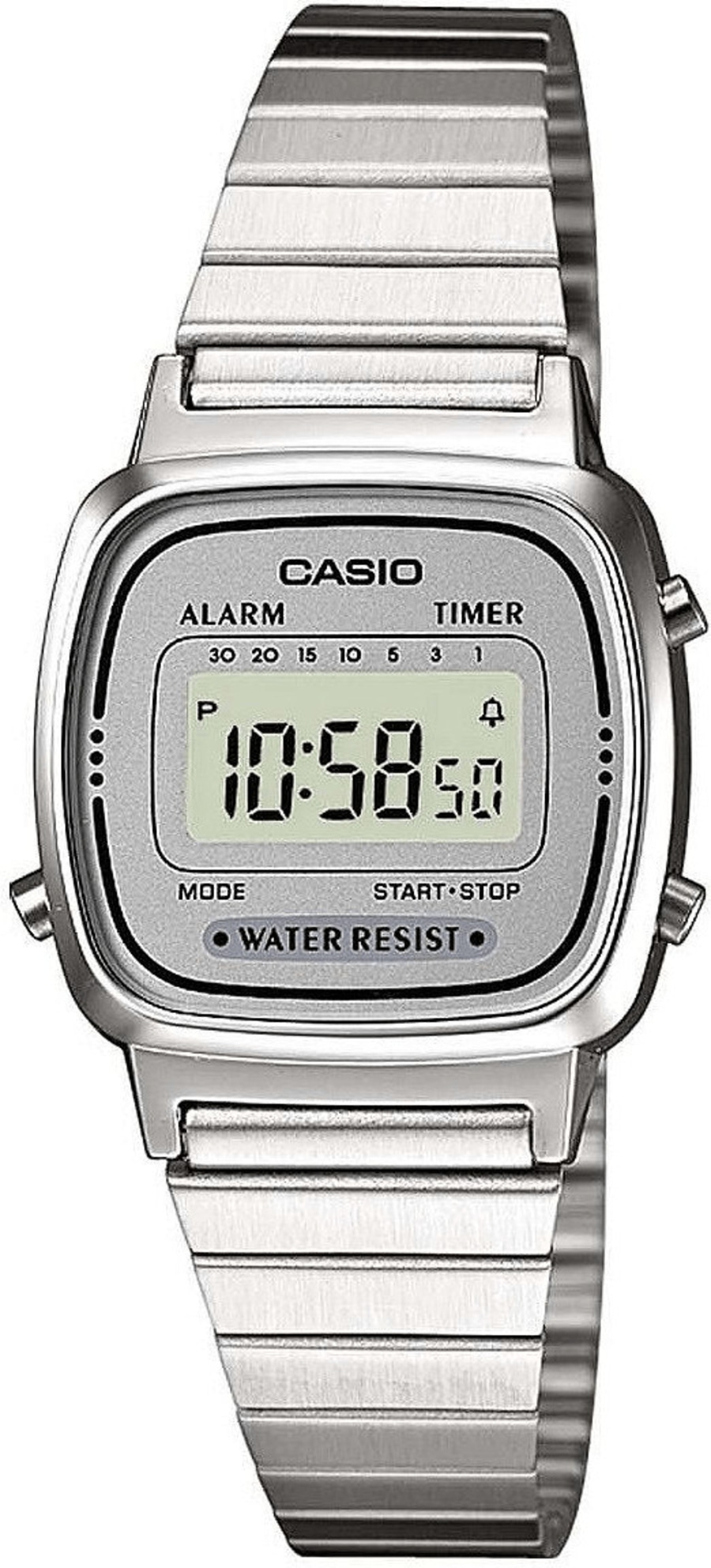 Casio Digitaluhr, silbernes Gehäuse und Armband, Anzeige 10:58:50, Alarm- und Timer-Funktion, wasserdicht