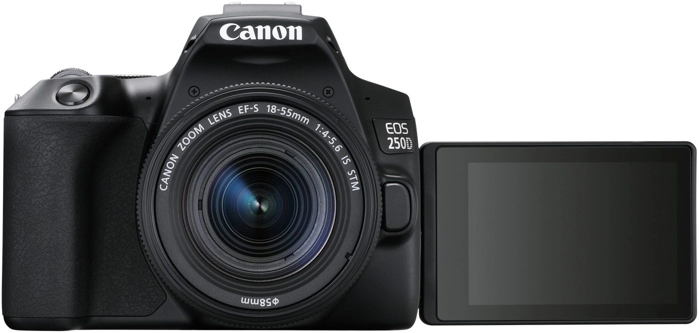 Eine schwarze Canon EOS 250D Digitalkamera mit aufklappbarem Bildschirm.