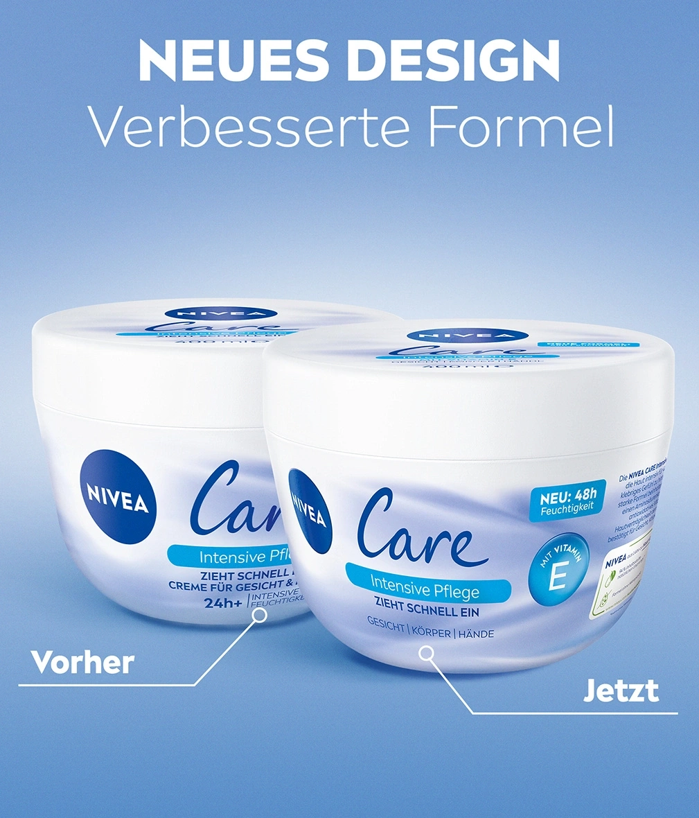 Nivea Care Creme, vorher und jetzt, neues Design, verbesserte Formel, 48h Feuchtigkeit.