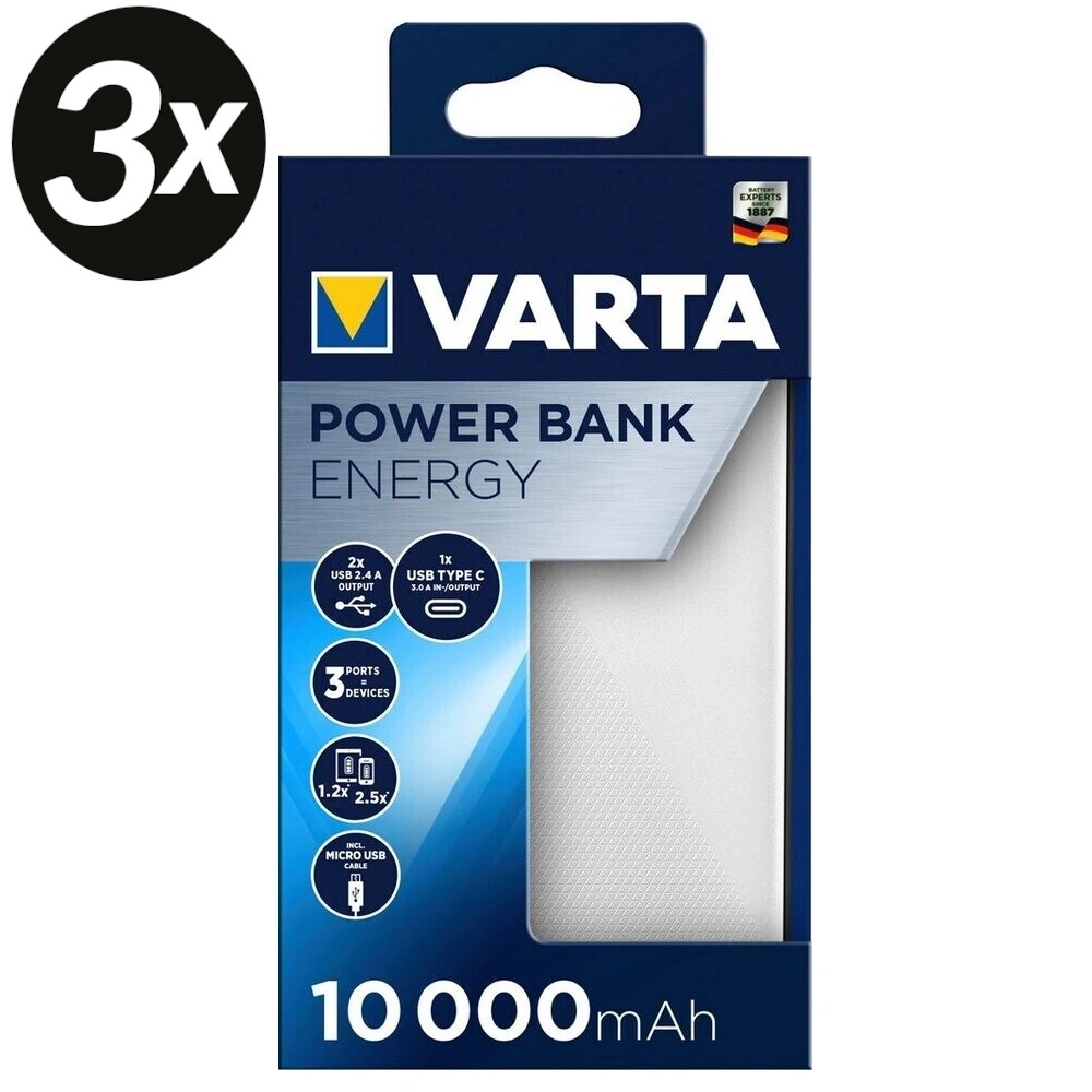 VARTA Powerbank, 10000mAh, 3x Ports, USB-C, Micro-USB-Kabel, 3x