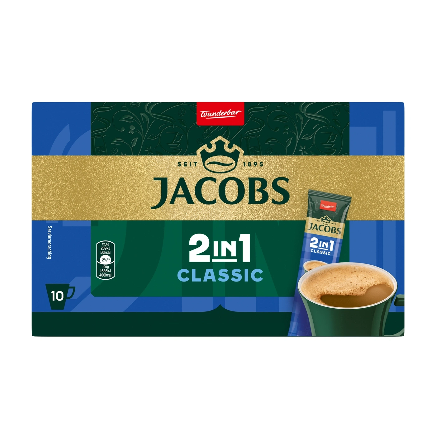 Jacobs 2in1 Classic Kaffee mit 10 Beuteln und einer Tasse Kaffee