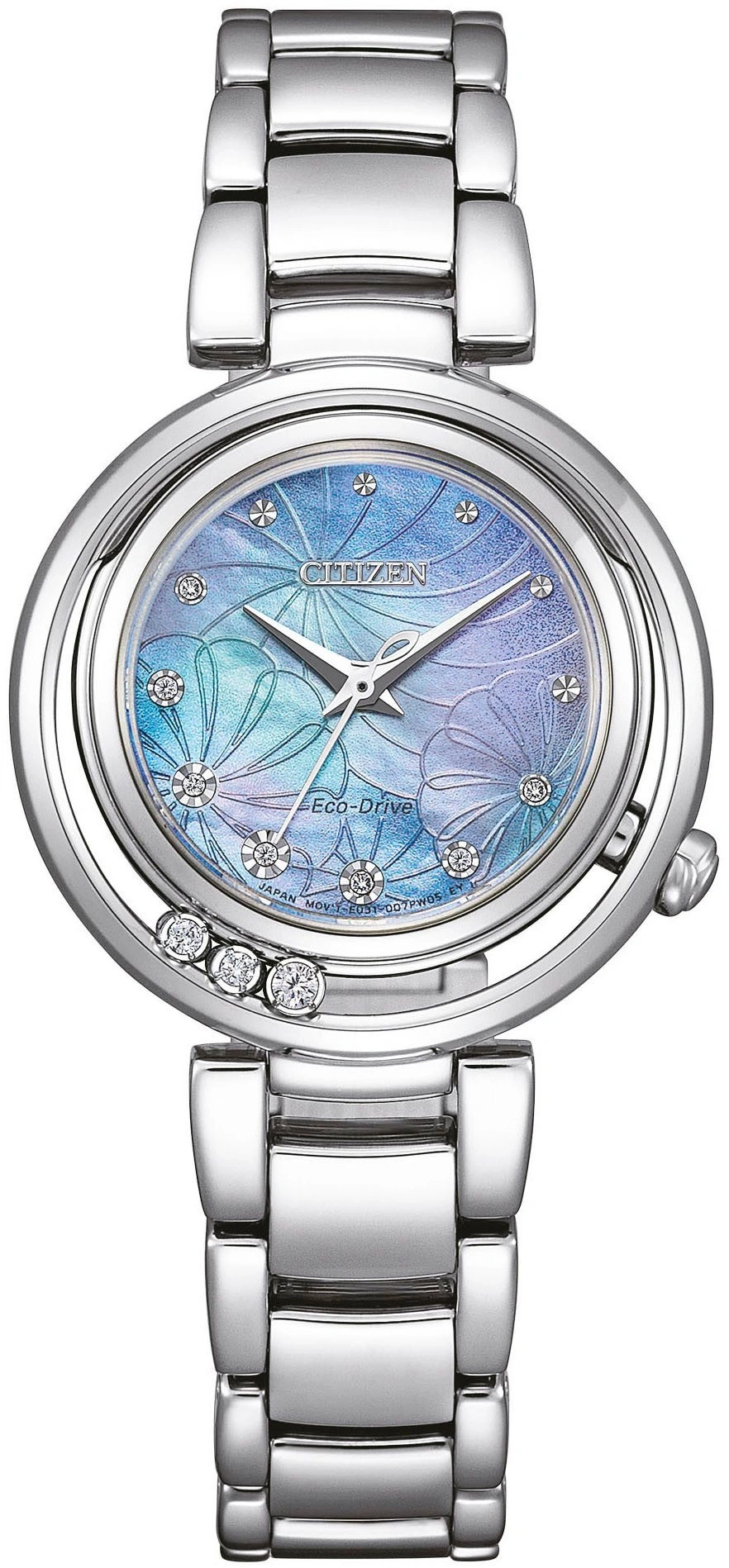 Citizen Damenuhr mit blauem Zifferblatt und silbernem Armband, Nahaufnahme
