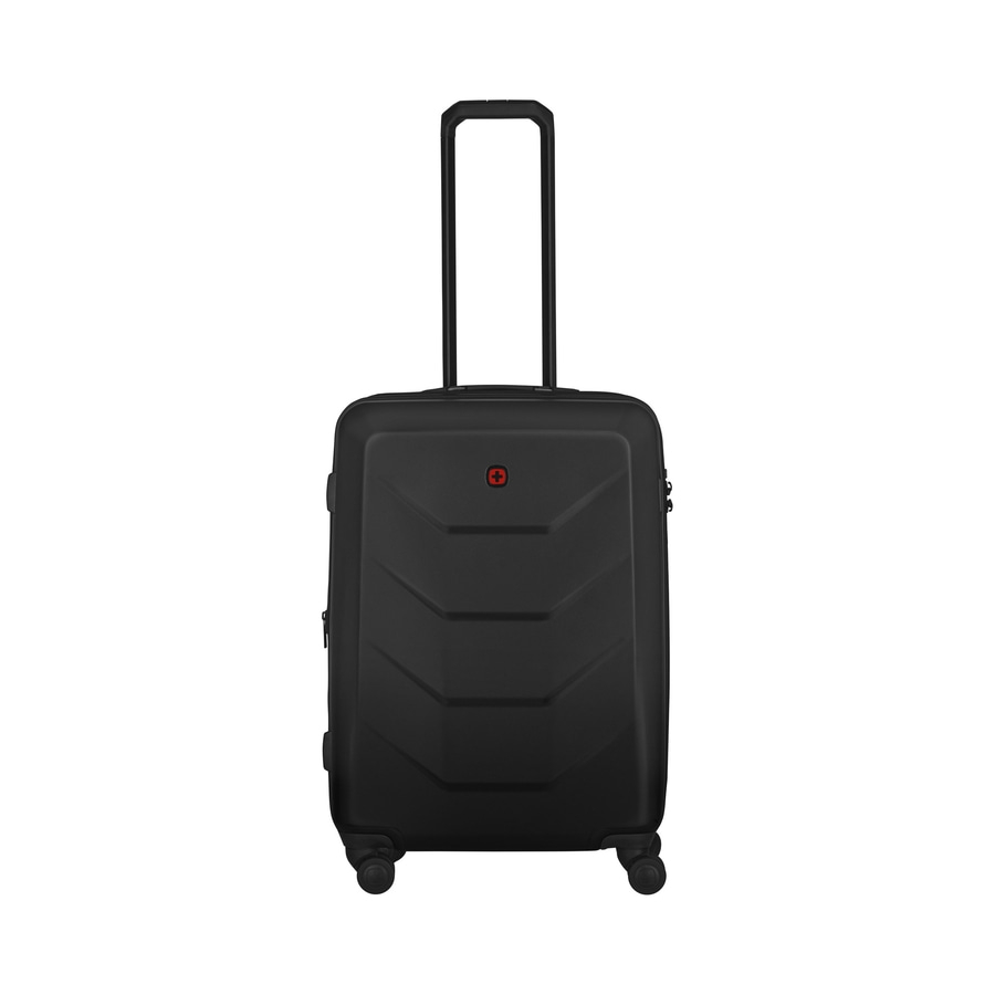 Schwarzer Koffer mit ausziehbarem Griff und Rollen, isoliert auf weißem Hintergrund.