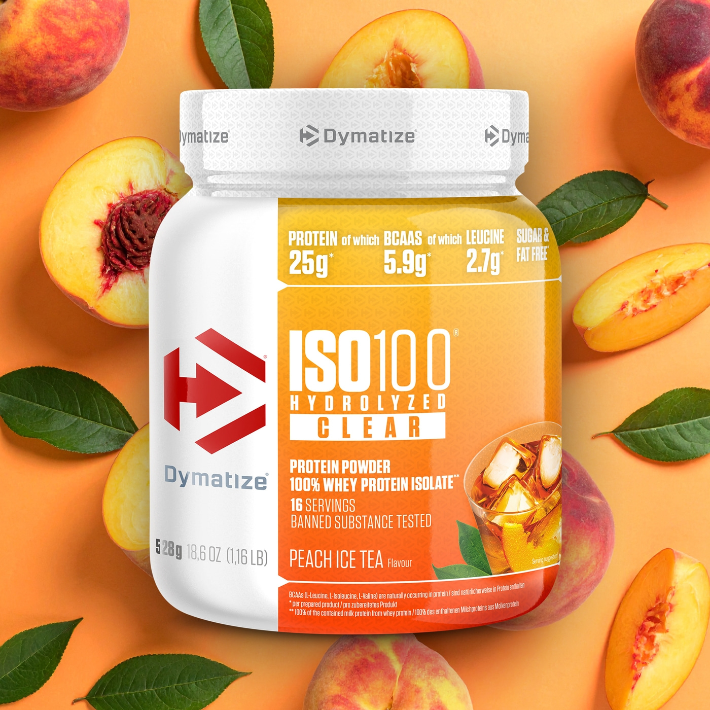 Eine Dose Dymatize ISO100 Hydrolyzed Clear Pfirsich-Eistee-Protein pulver.