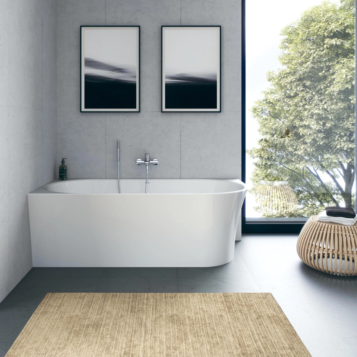 Badezimmer mit Badewanne, Bildern, Fenster und Teppich. Modernes Design.