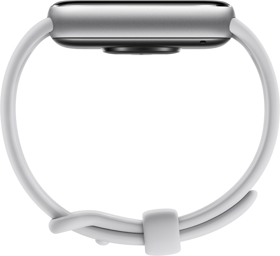Nahaufnahme einer weißen Smartwatch mit silbernem Gehäuse und weißem Armband