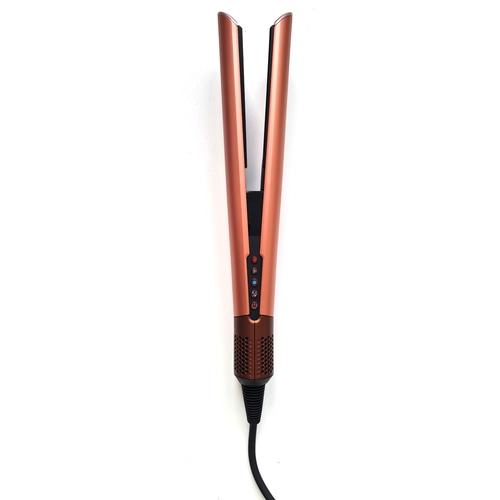 Ein roségoldener Glätteisen mit Bedienelementen und Kabel.