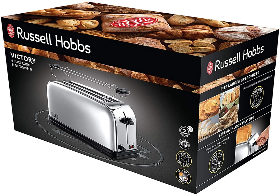 Russell Hobbs Toaster, Victory, 4-Schlitz-Langschlitz-Toaster, größere Brotgrößen, Lift-and-Look-Funktion
