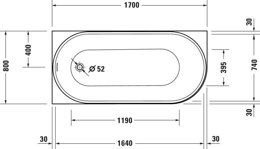 Badewanne mit Abmessungen: 1700x800x740mm, Durchmesser 52mm, 1640x1190mm, 400x395mm, 30mm