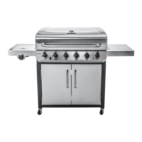 Edelstahl-Gasgrill mit Schrank und Rädern, perfekt für den Außenbereich.