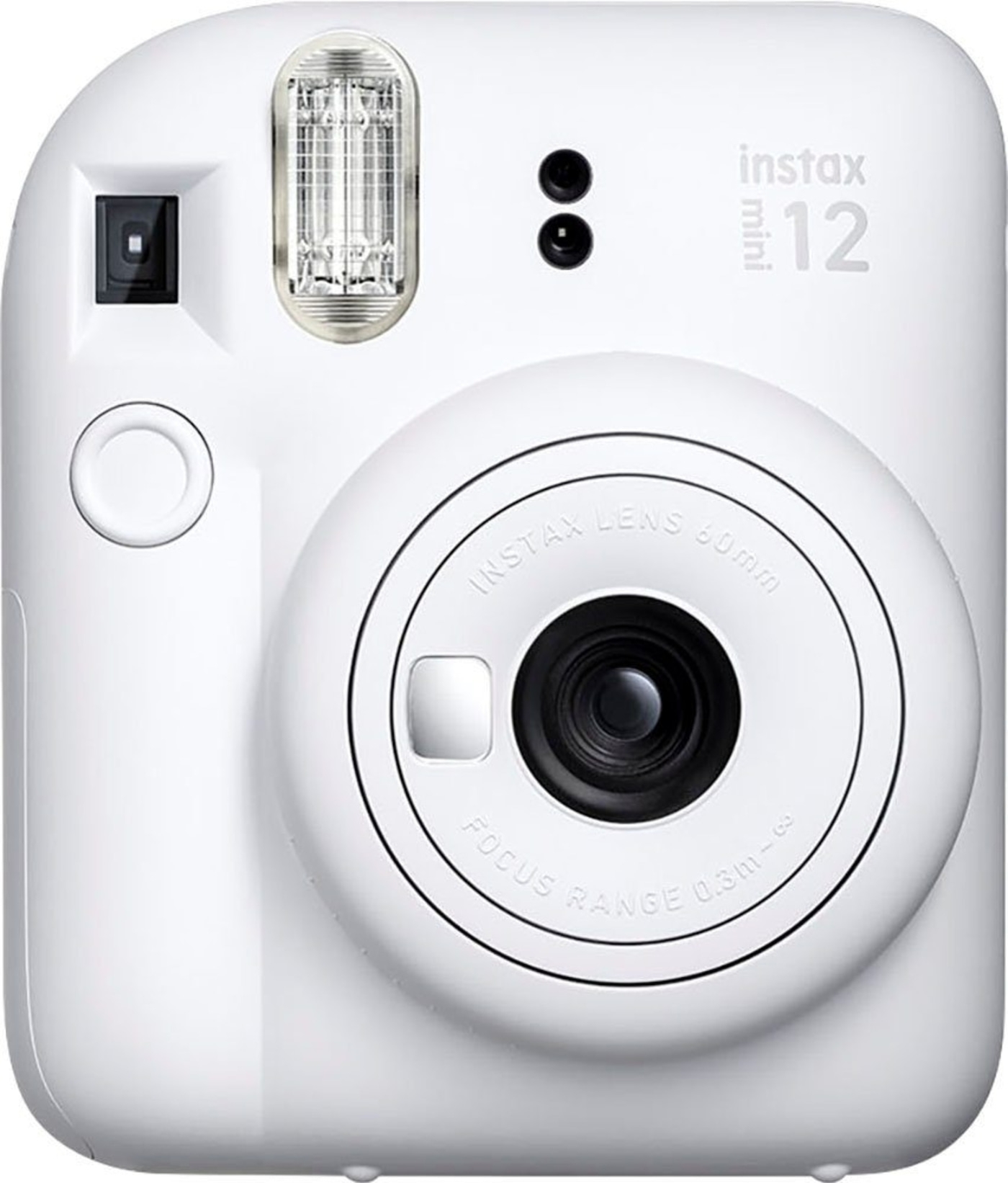 Weiße Instax Mini 12 Kamera mit Blitz und Objektiv, Nahaufnahme.