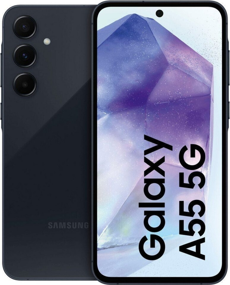 Samsung Galaxy A55 5G Smartphone, dunkelblau, Dreifachkamera, großes Display, modernes Design