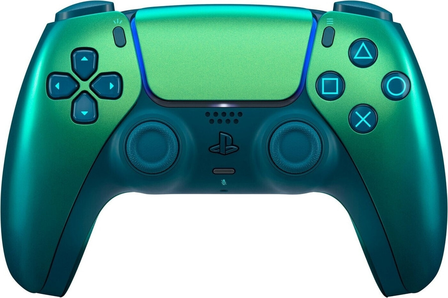 Ein grüner und blauer PlayStation 5 Controller mit leuchtenden Tasten.