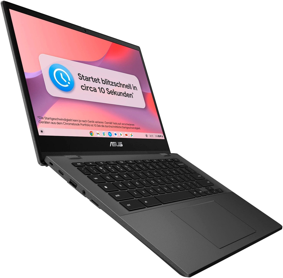 Laptop mit Text 'Startet blitzschnell in circa 10 Sekunden' auf dem Bildschirm.