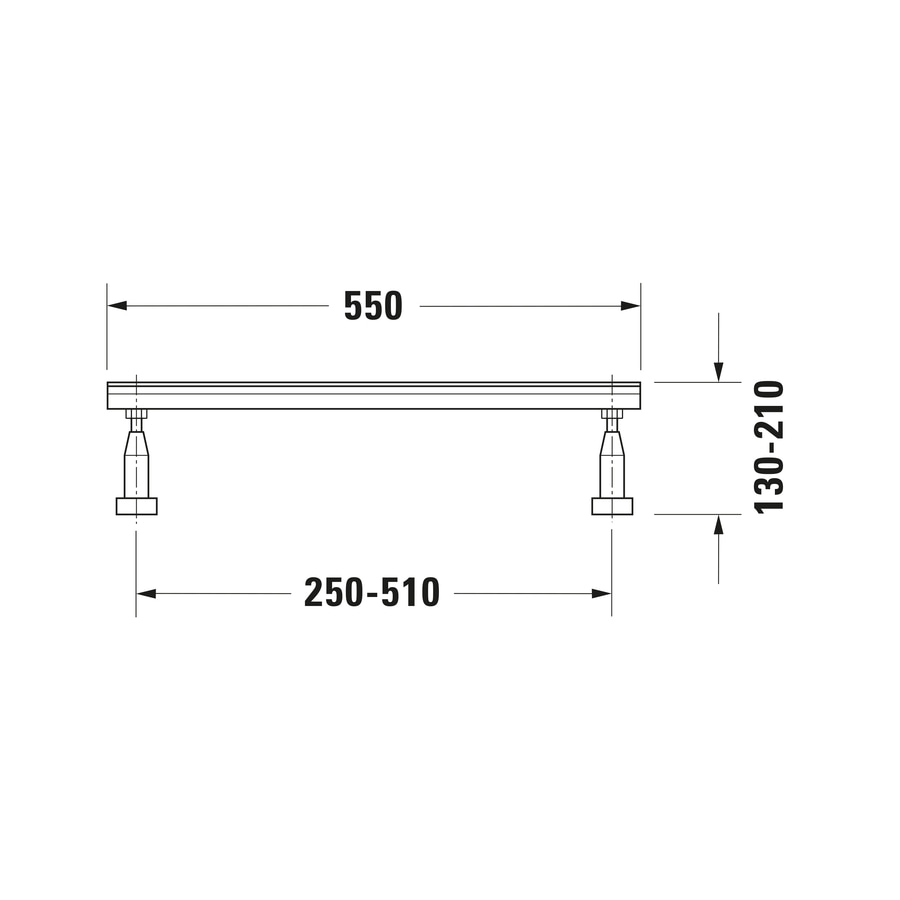 Zeichnung mit Bemaßungen: 550mm, 250-510mm, 130-210mm. Ein Metallteil mit zwei Füßen.