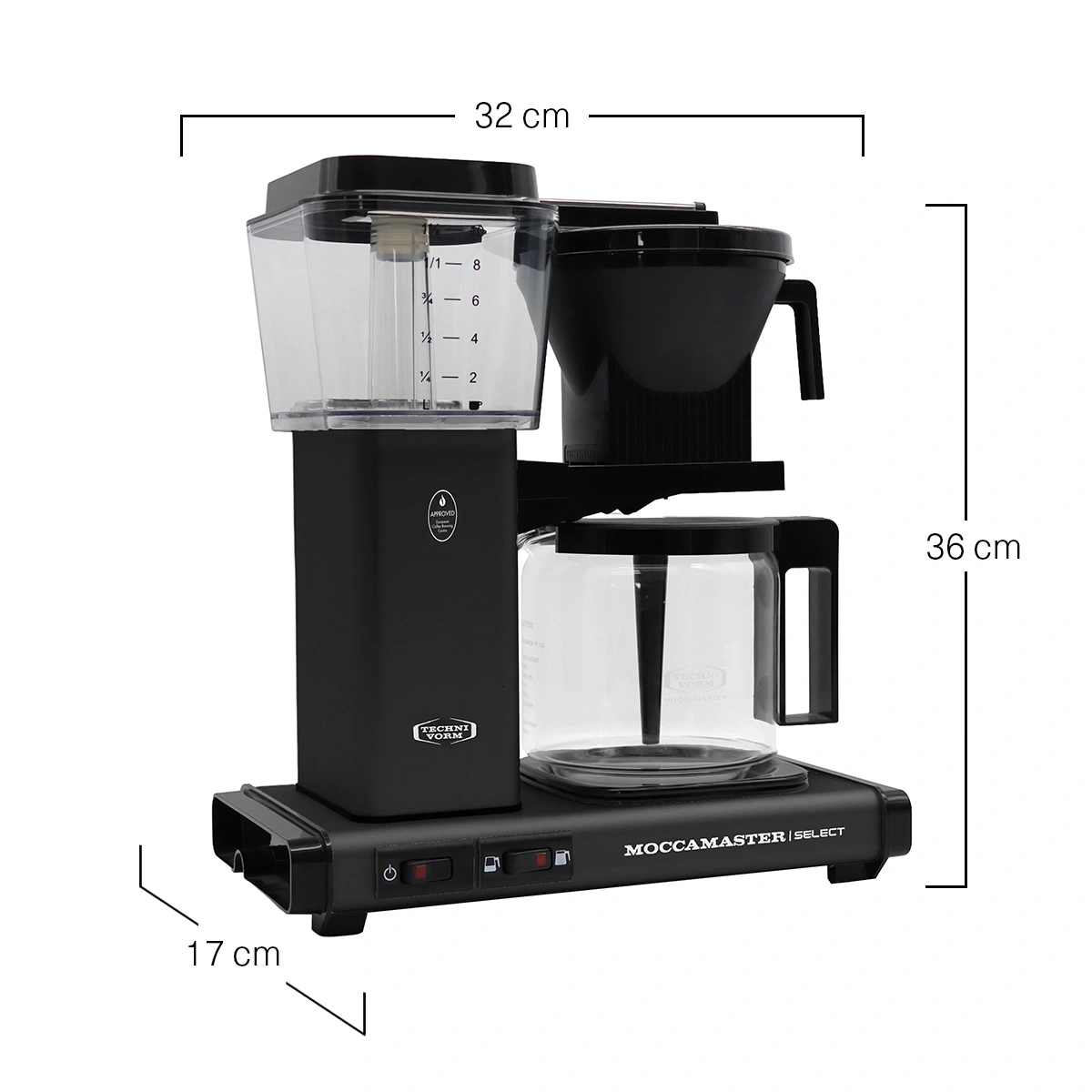 Kaffeemaschine mit Maßen: 32 cm breit, 36 cm hoch, 17 cm tief. Schwarz.