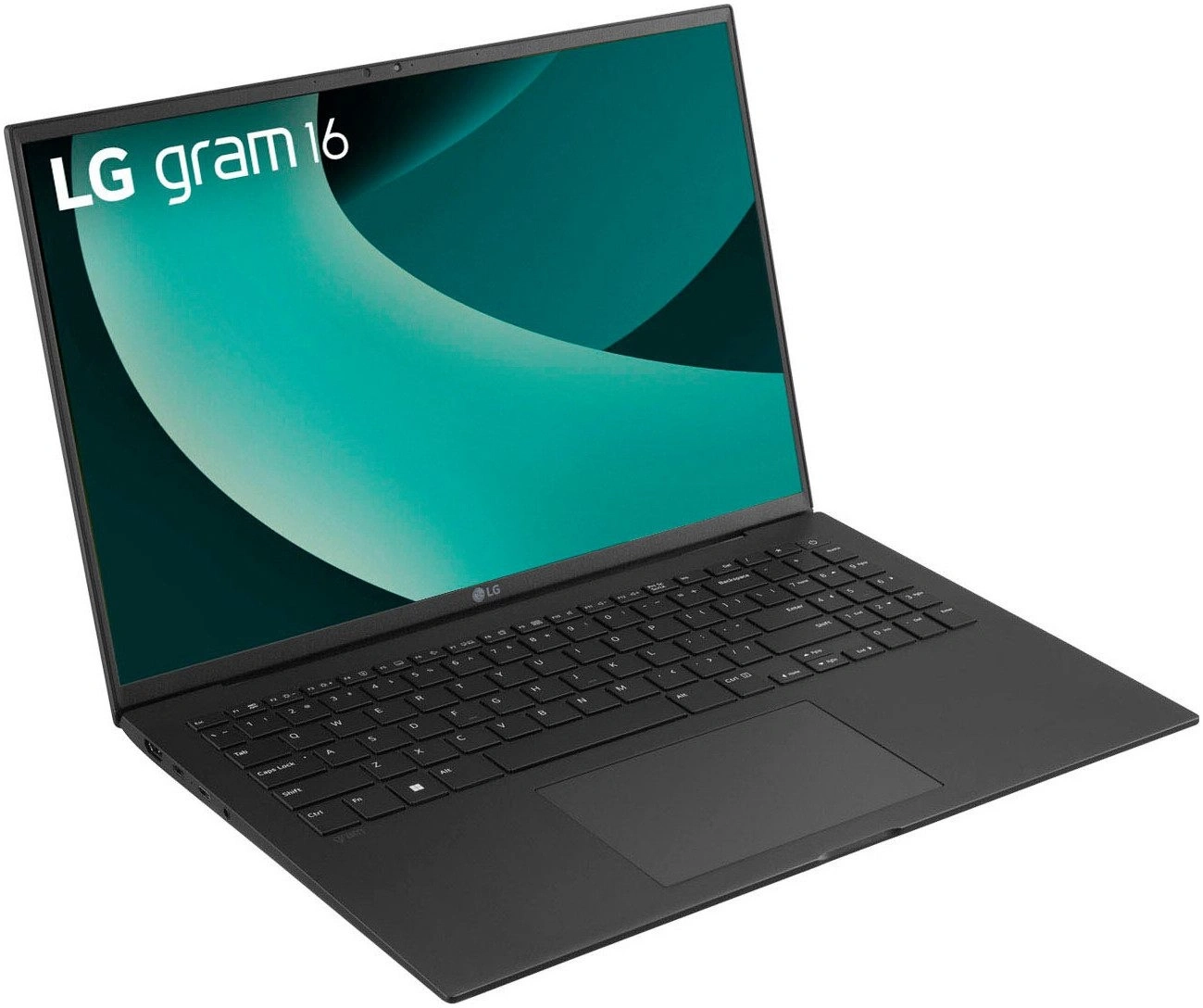 Ein schwarzer LG Gram 16 Laptop mit einem grünen Hintergrund auf dem Bildschirm.