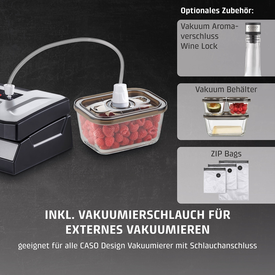 Vakuumierer mit Zubehör: Vakuum Aromaverschluss, Behälter, ZIP Bags. Geeignet für CASO.