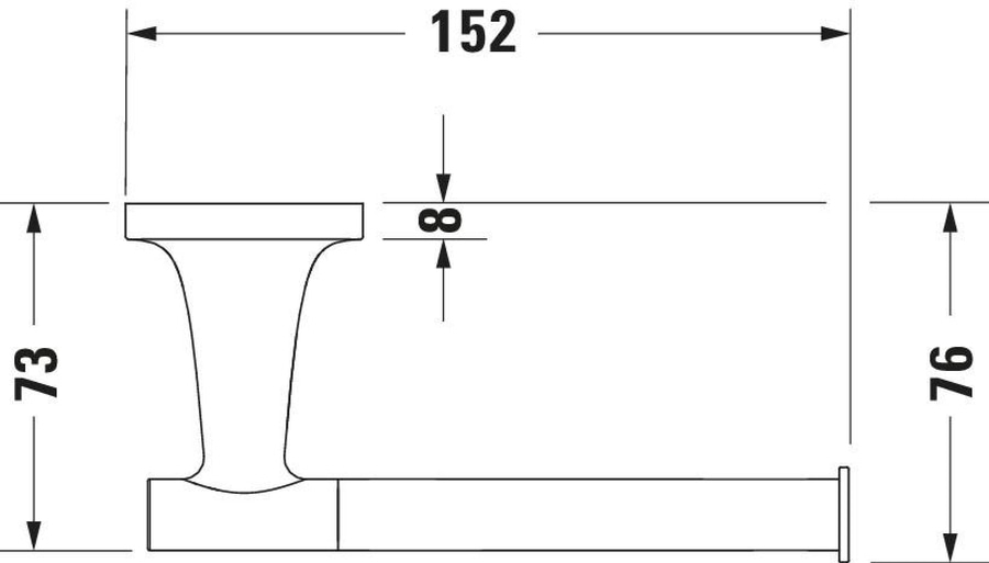 Maße einer Toilettenpapierhalterung: 152mm, 73mm, 76mm, 8mm.