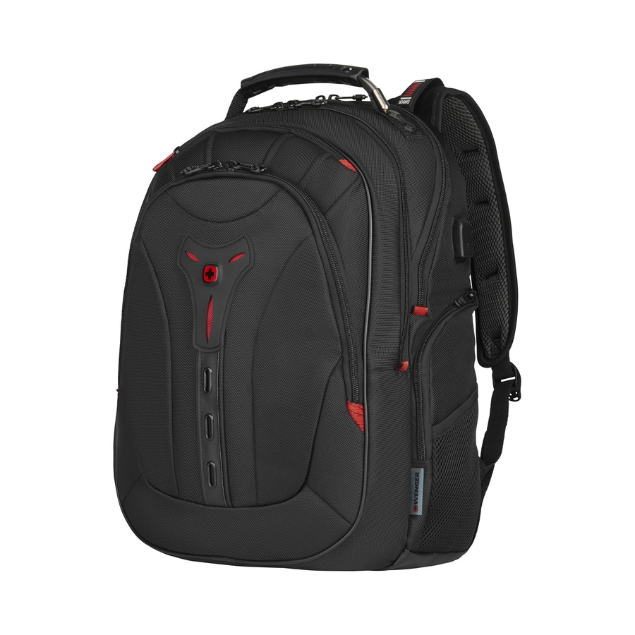 Schwarzer Rucksack mit roten Akzenten und Wenger-Logo, ideal für Reisen und Alltag.