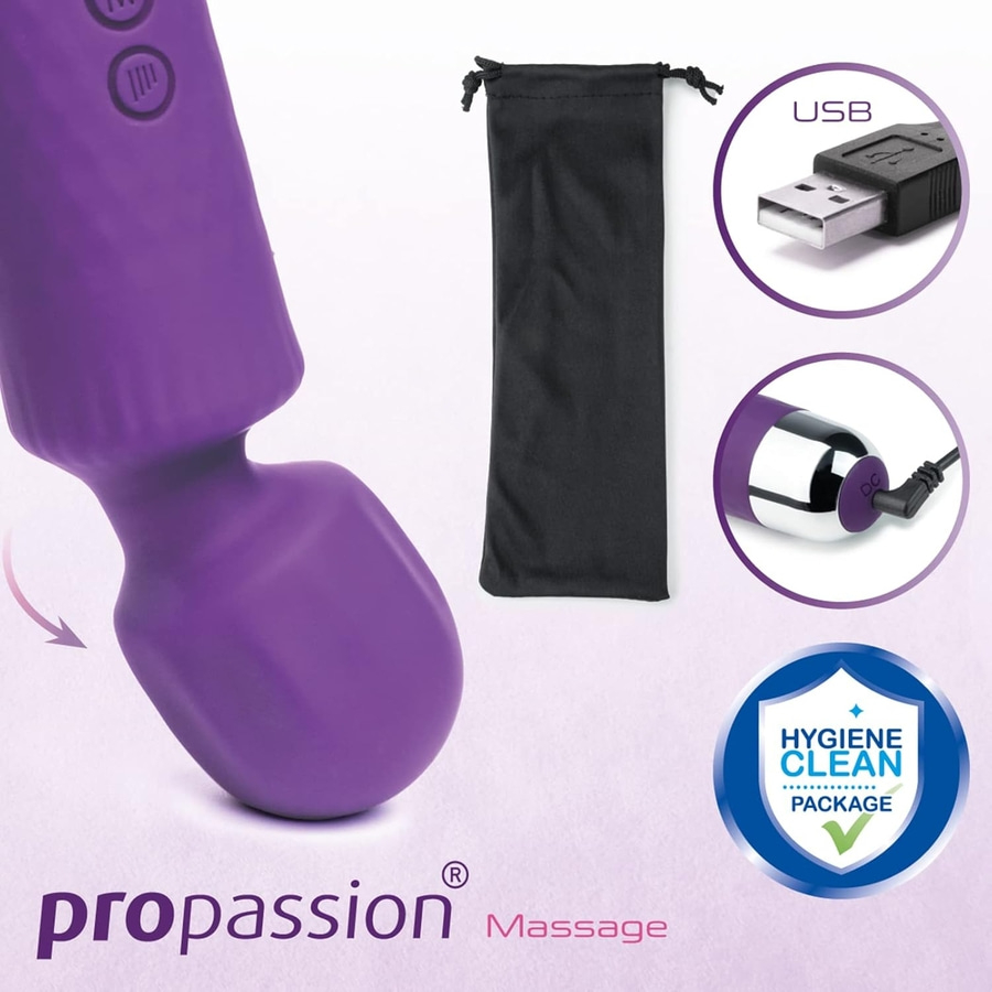 Lila Massagegerät mit USB-Kabel und Hygiene-Siegel, in Schwarz verpackt.
