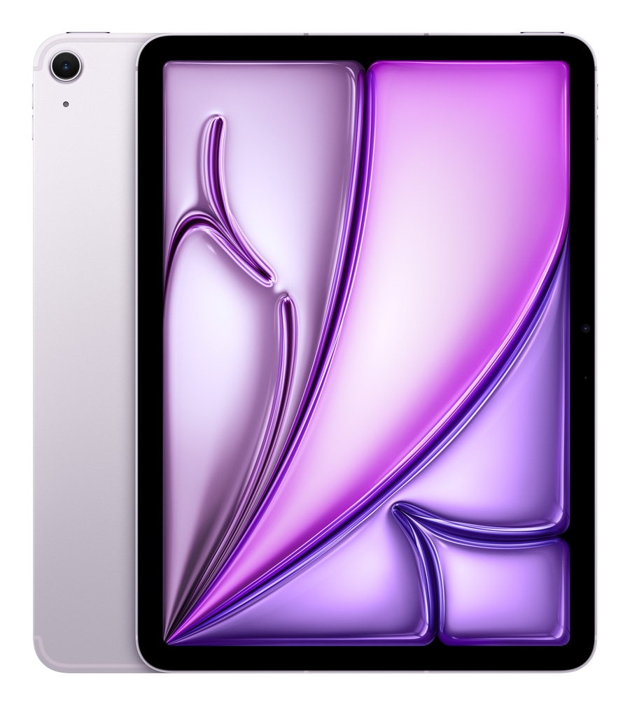 Ein hellviolettes Tablet mit einem abstrakten lila Hintergrund auf dem Bildschirm.