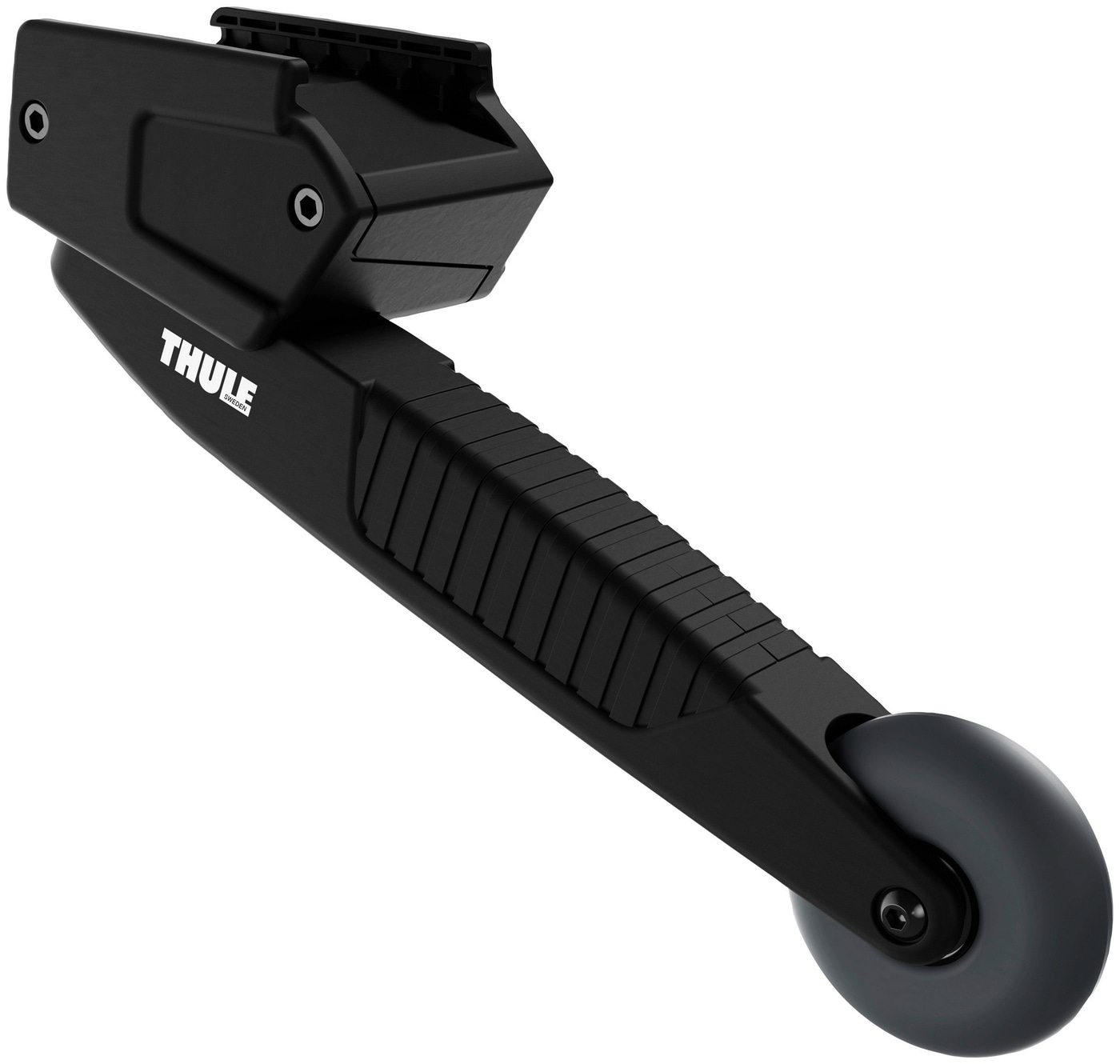 Schwarzes Thule-Fahrradzubehör mit Rad und Griff für den Transport von Fahrrädern.