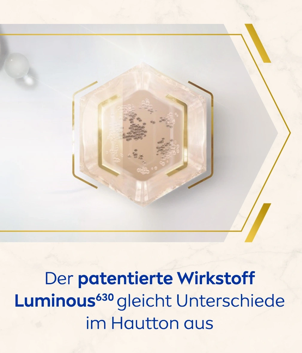 Produktwerbung mit Luminous630, Text, hexagonale Form, Hauttonausgleich, patentierter Wirkstoff