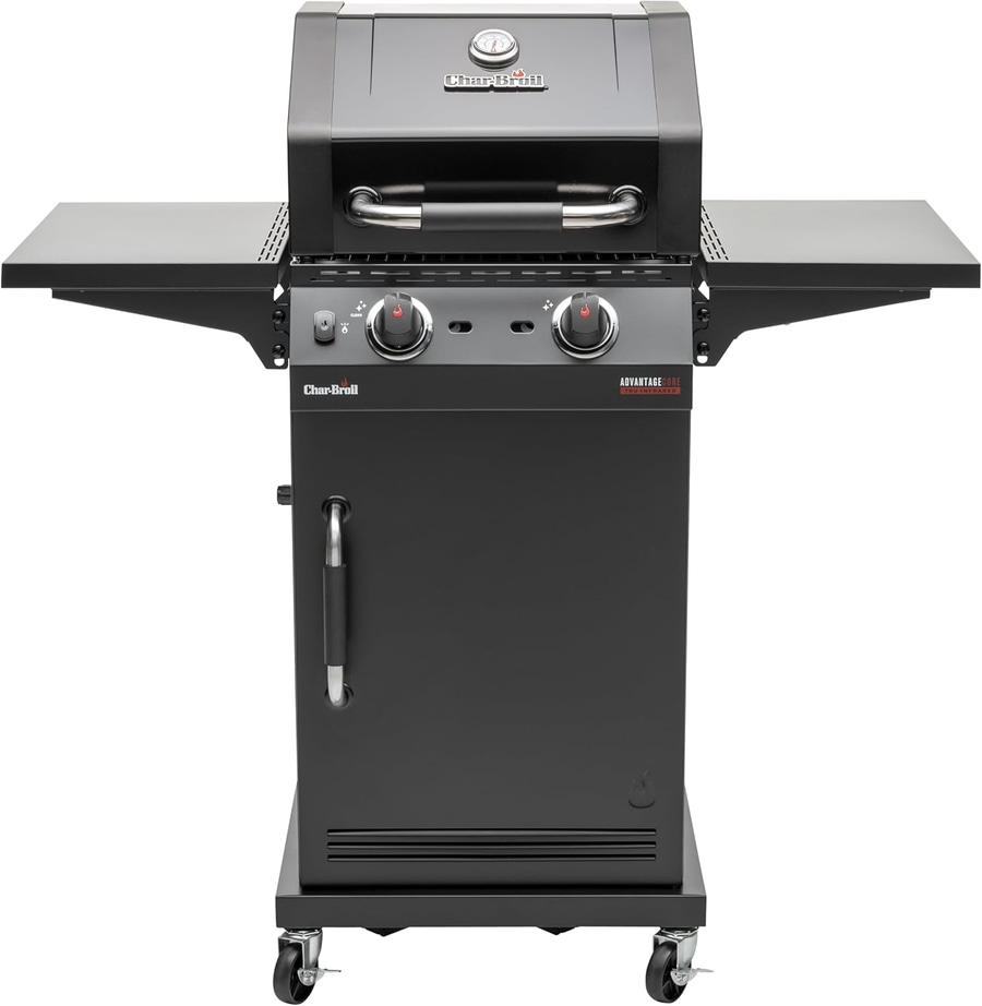 Schwarzer Gasgrill mit zwei Kochfeldern und Rädern, Char-Broil-Marke
