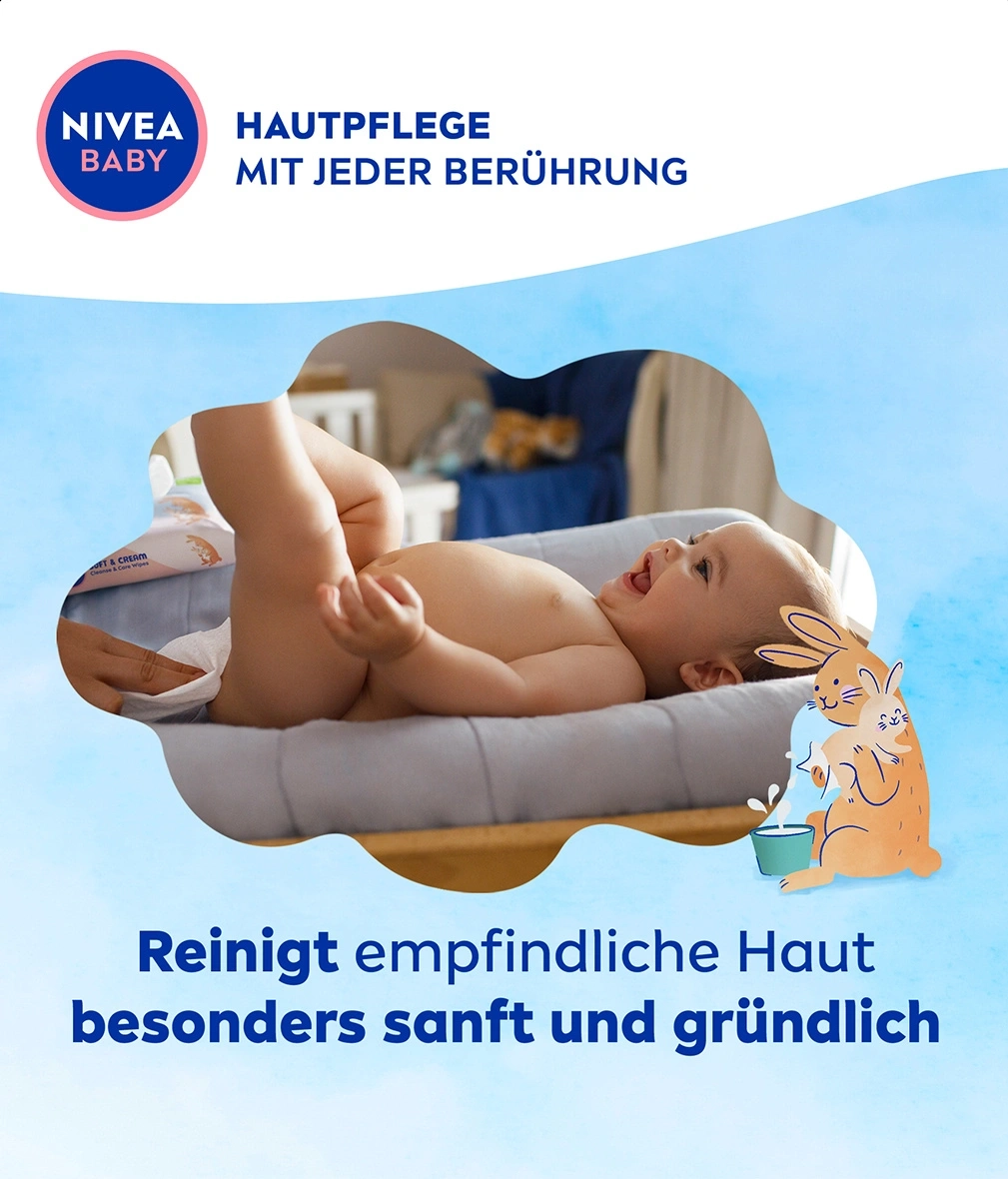 Ein Baby mit Nivea Baby Produkten und Hasen Illustration.