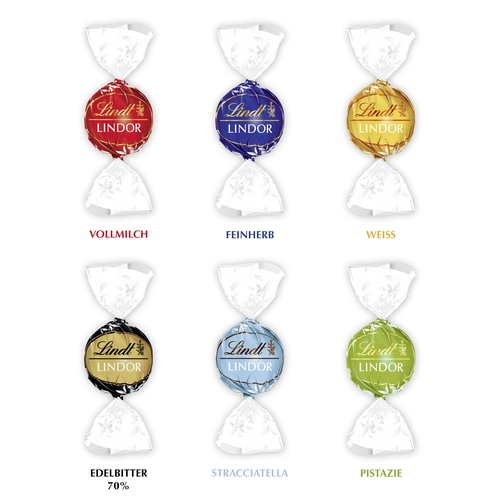 Lindt Lindor Pralinen in verschiedenen Geschmacksrichtungen: Vollmilch, Feinherb, Weiss, Edelbitter, Stracciatella, Pistazie.