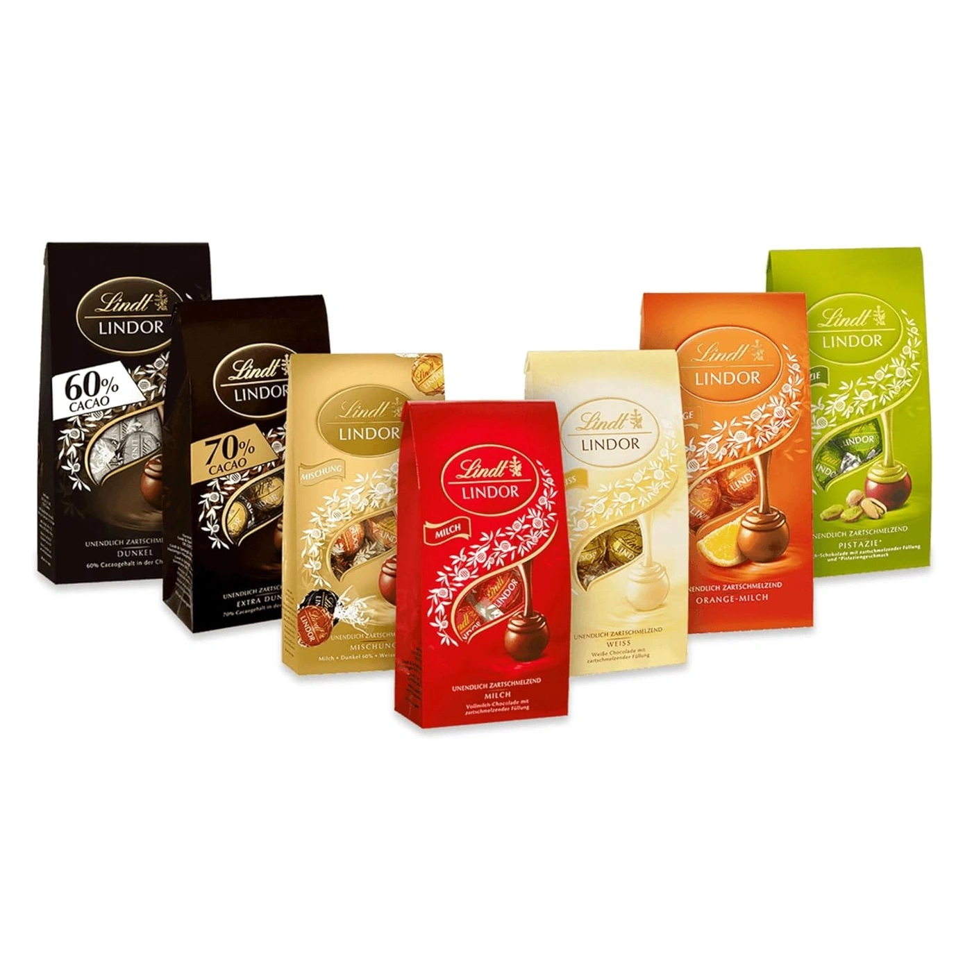 Verschiedene Lindt Lindor Schokoladenpackungen auf weißem Hintergrund