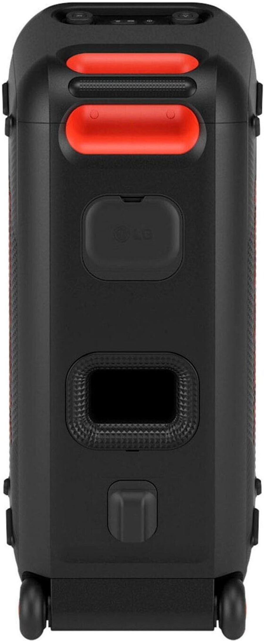Schwarzer Lautsprecher mit roten Akzenten, LG-Logo und Rädern für Mobilität.