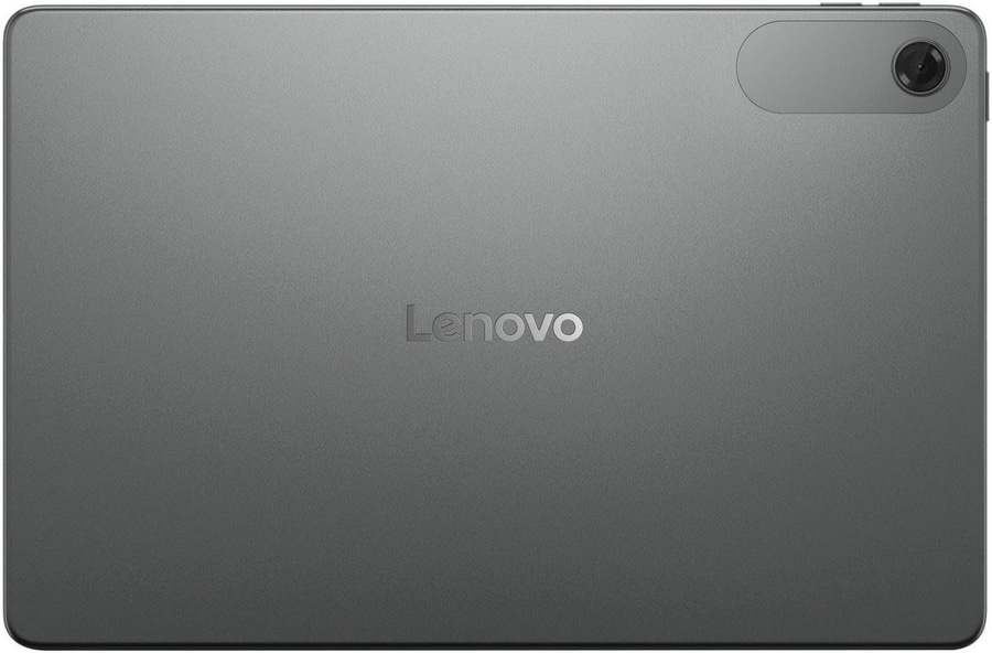 Rückseite eines grauen Lenovo-Tablets mit Logo und Kamera.