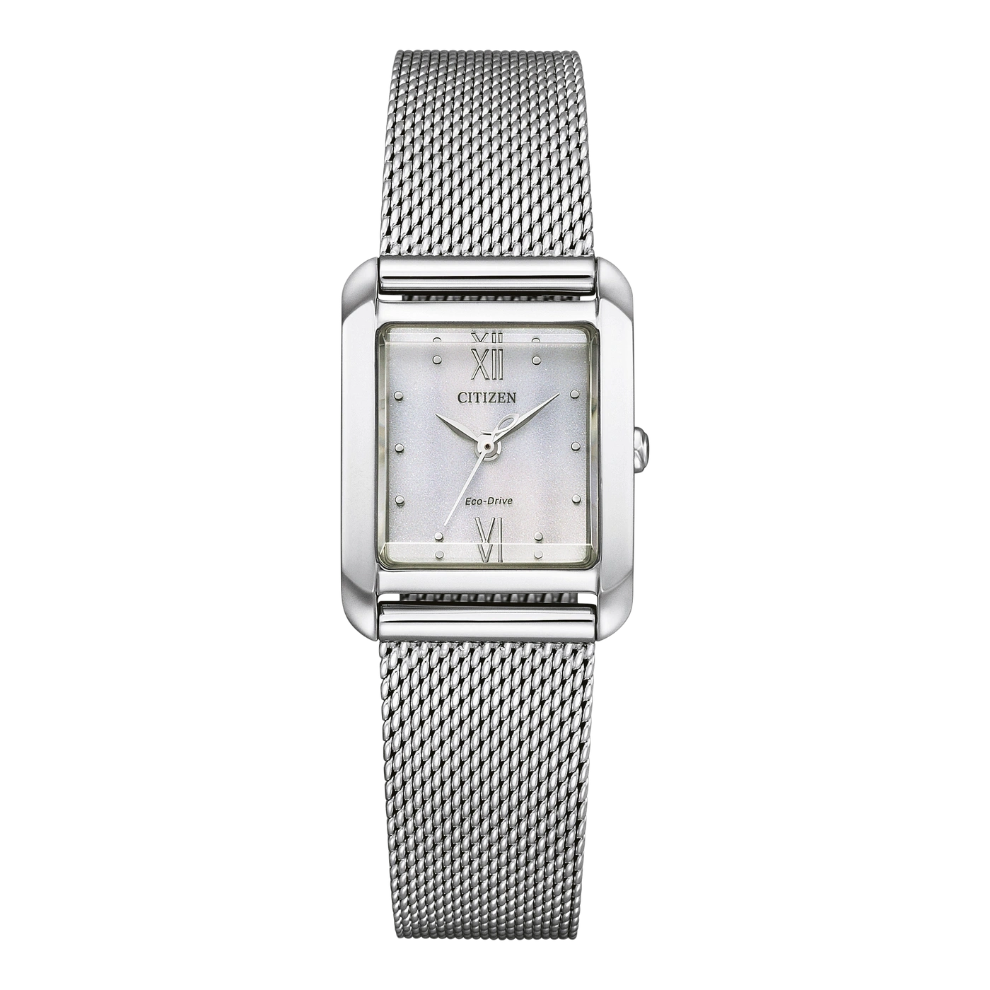 Citizen Damenuhr mit silbernem Zifferblatt und Mesh-Armband, rechteckig