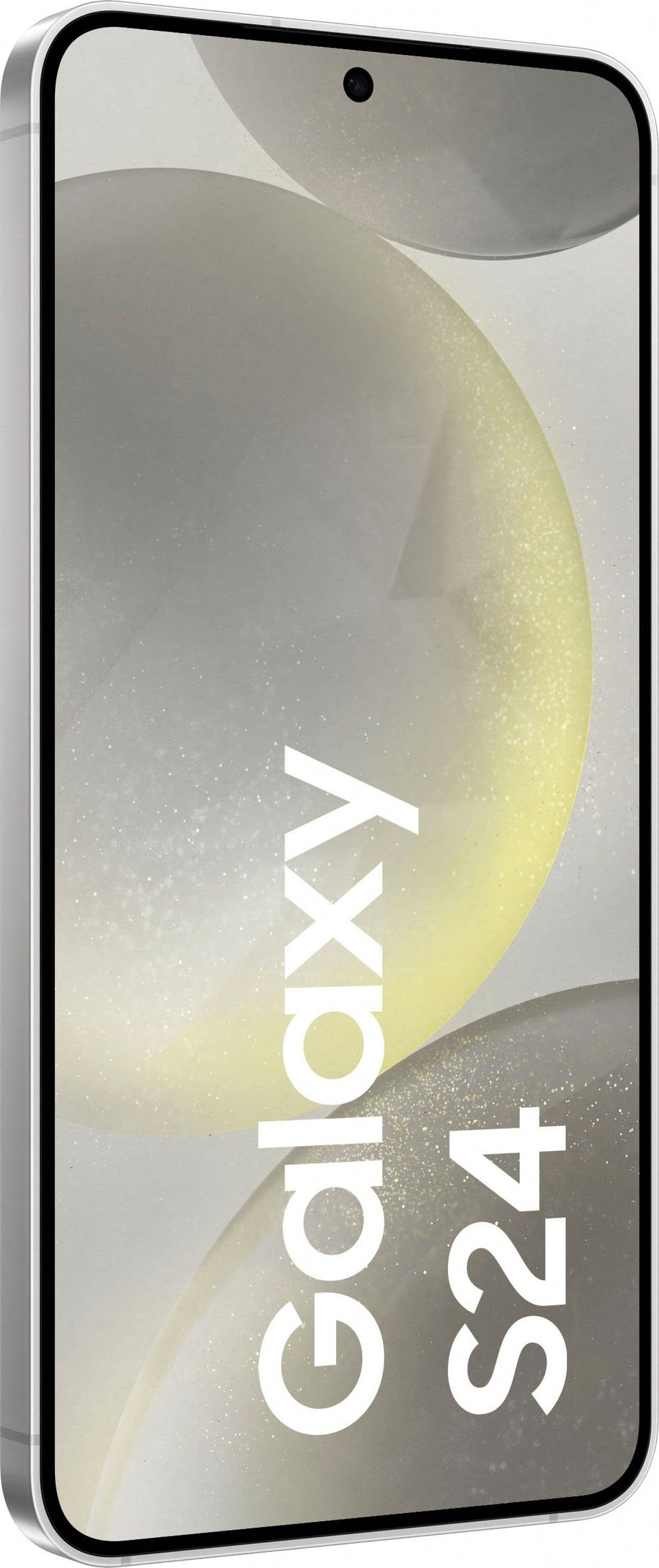 Samsung Galaxy S24 Smartphone mit Bildschirm und Kamera, weißes Design