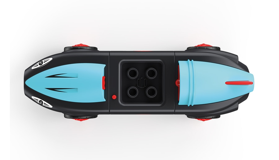 Schwarzes Spielzeug-U-Boot mit blauen und roten Akzenten, Draufsicht, isoliert