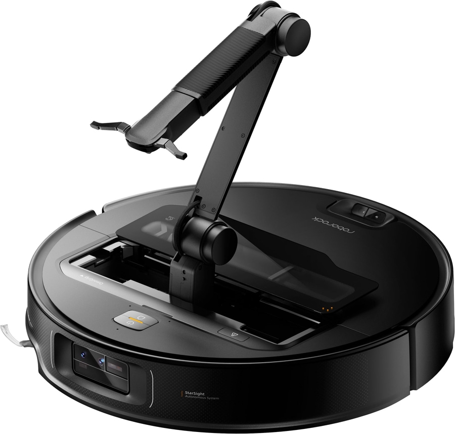 Ein schwarzer Saugroboter mit einem Roboterarm und einer Kamera.