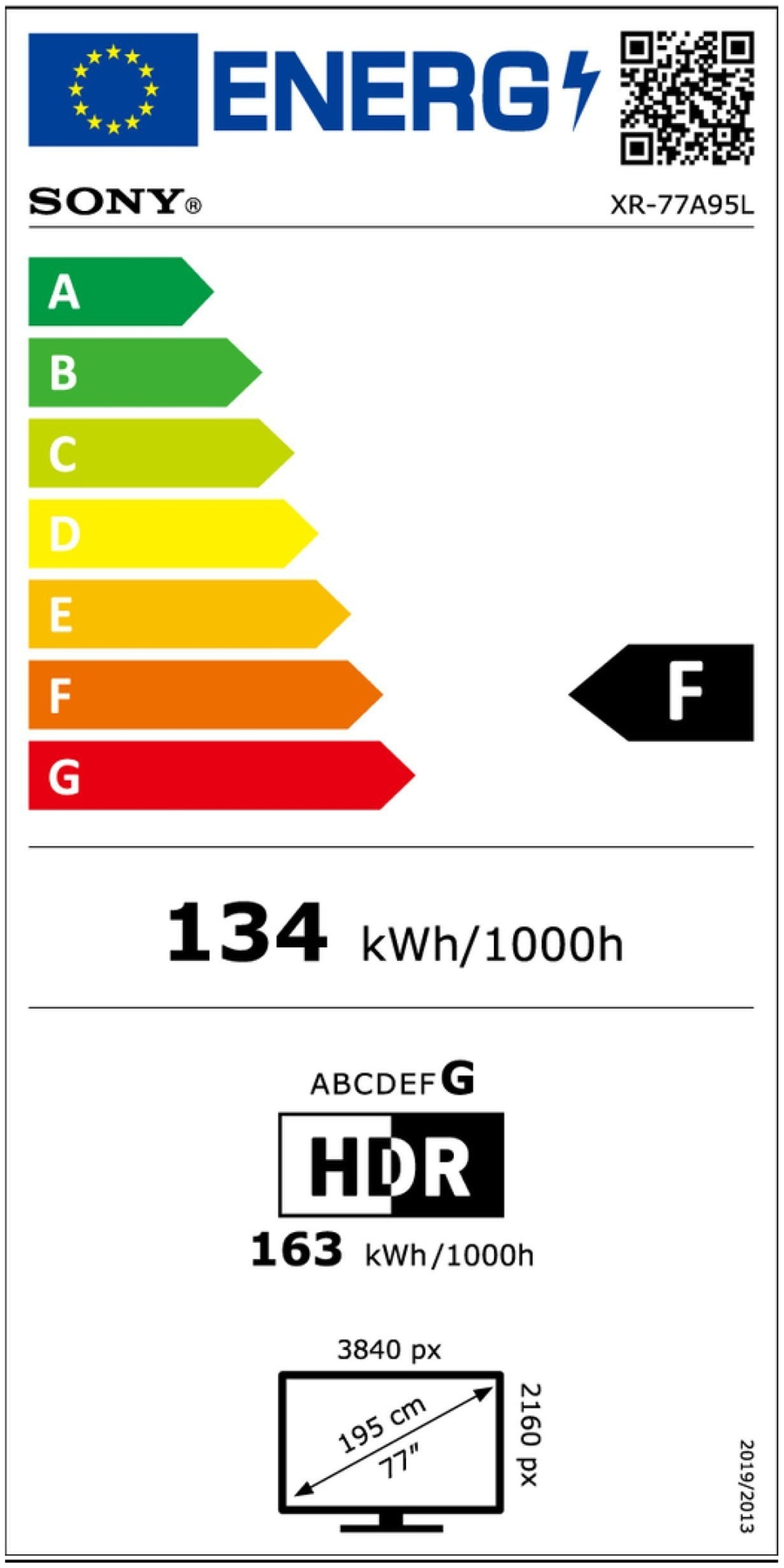 Energieeffizienzlabel für Fernseher von Sony, Modell XR-77A95L, Energieklasse F