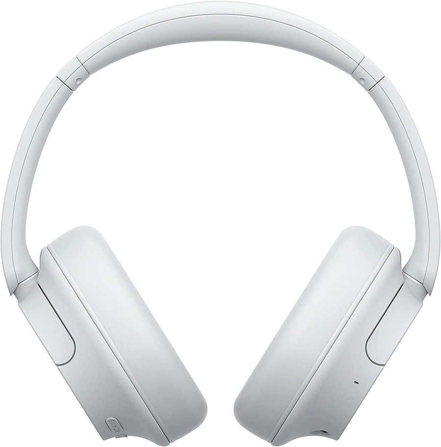 Weißer Kopfhörer, Over-Ear-Design, gepolsterte Ohrmuscheln, verstellbarer Kopfbügel, modernes Design.
